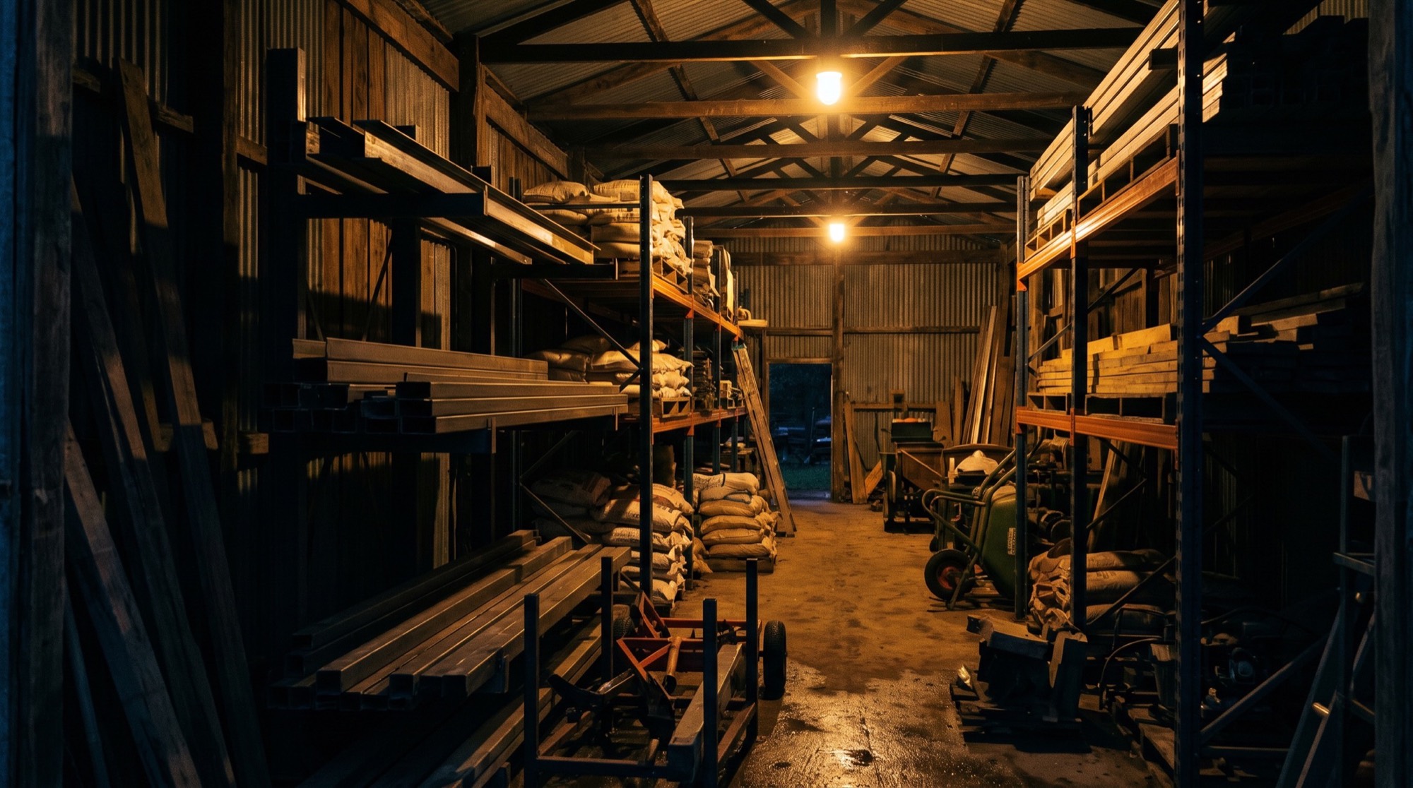 A long aisle of loaded steel racking lit by overhead work lights