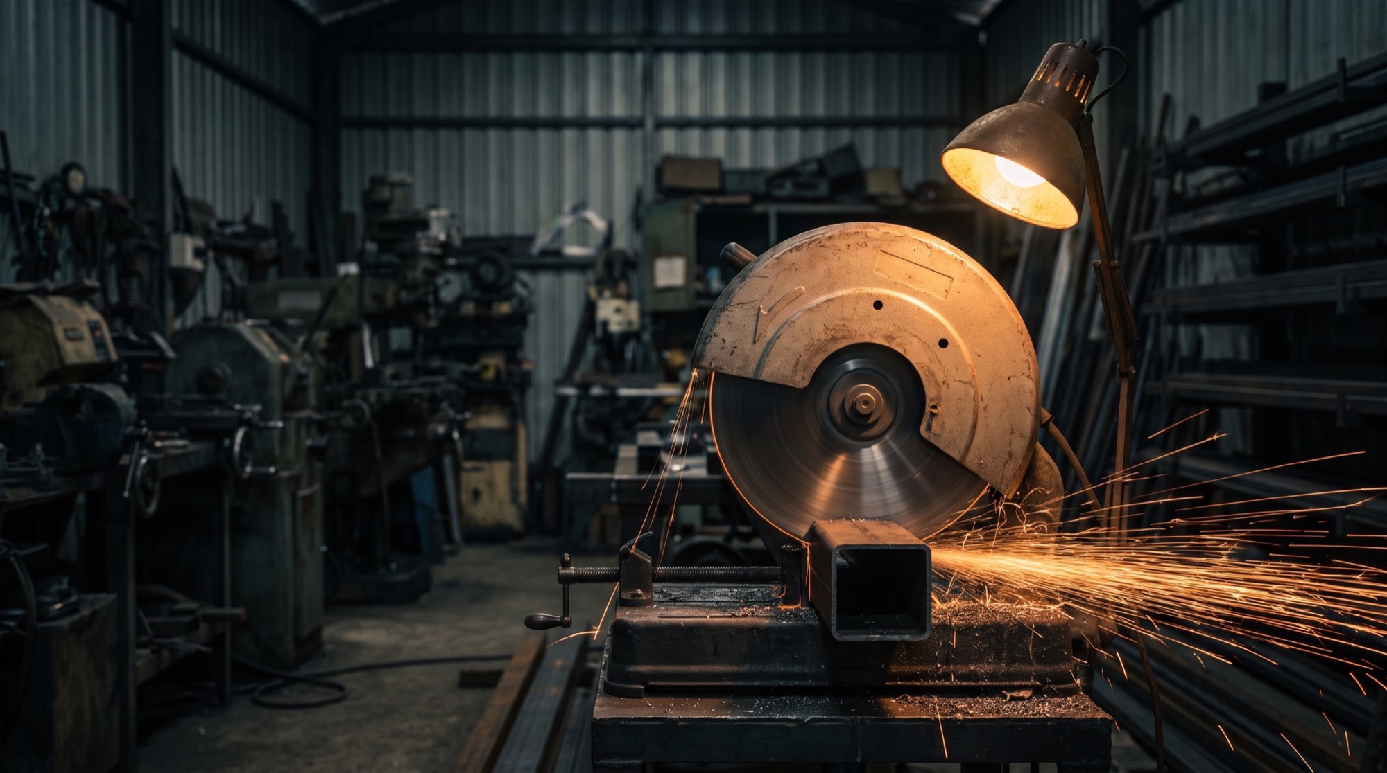A cold saw cutting a steel section in a workshop, sparks coming off the blade