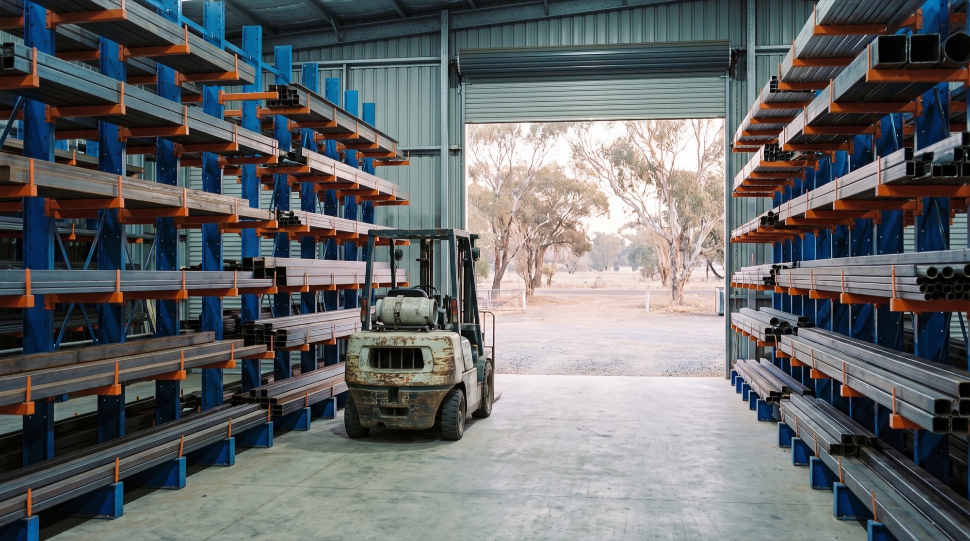 Rows of loaded steel racking leading to an open roller door and gum trees beyond