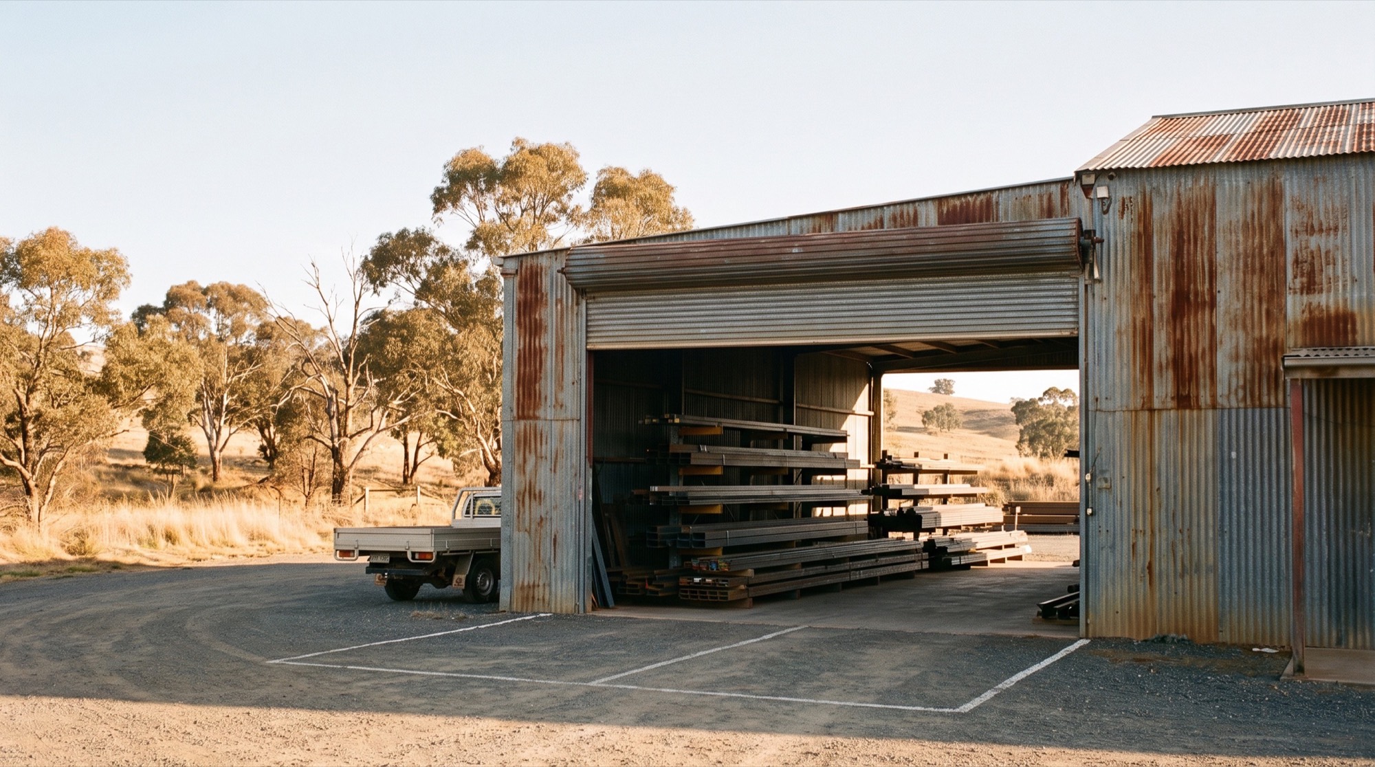 An open roller door and loading bay with steel lengths stacked ready for pick-up
