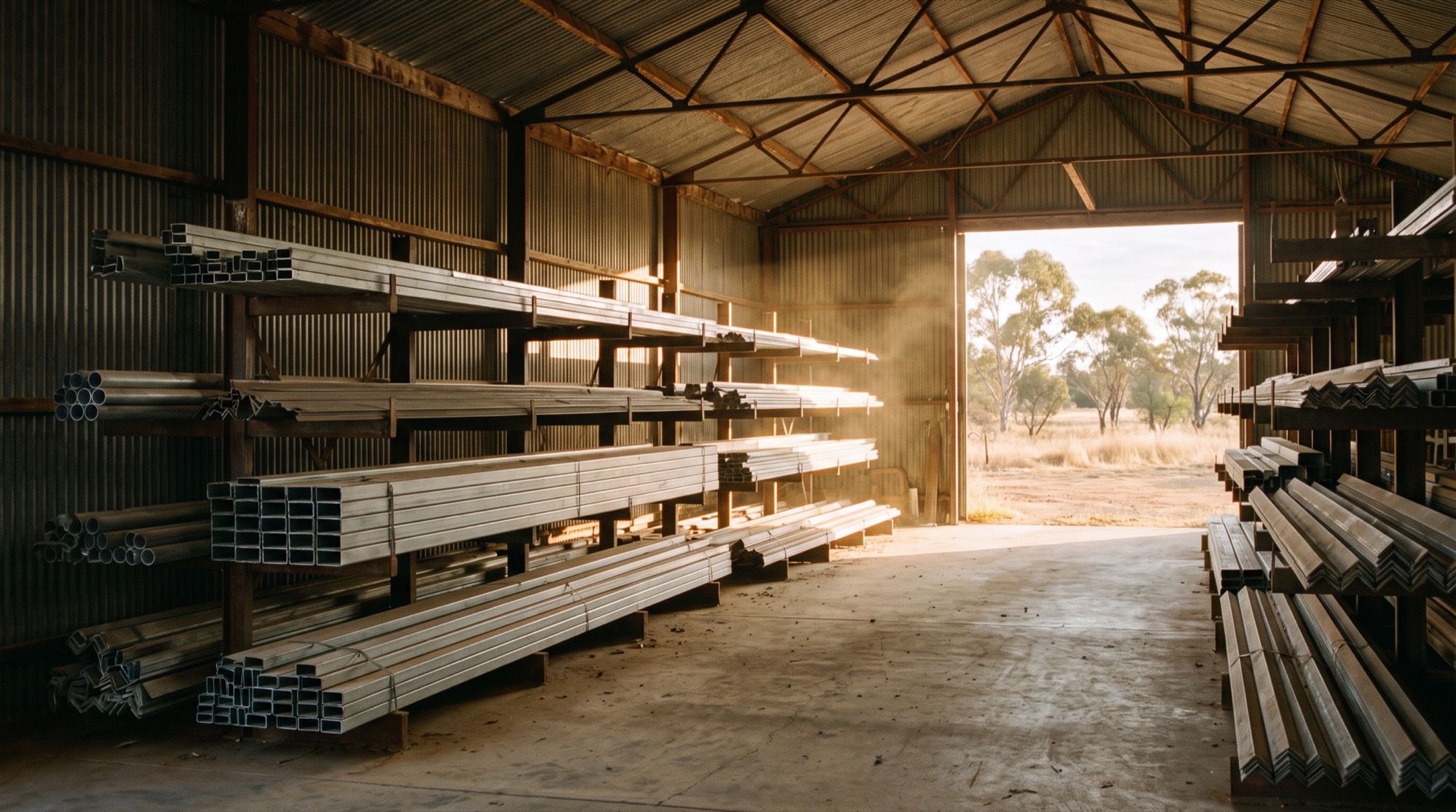 Cantilever racking loaded with lengths of steel inside a country supply shed