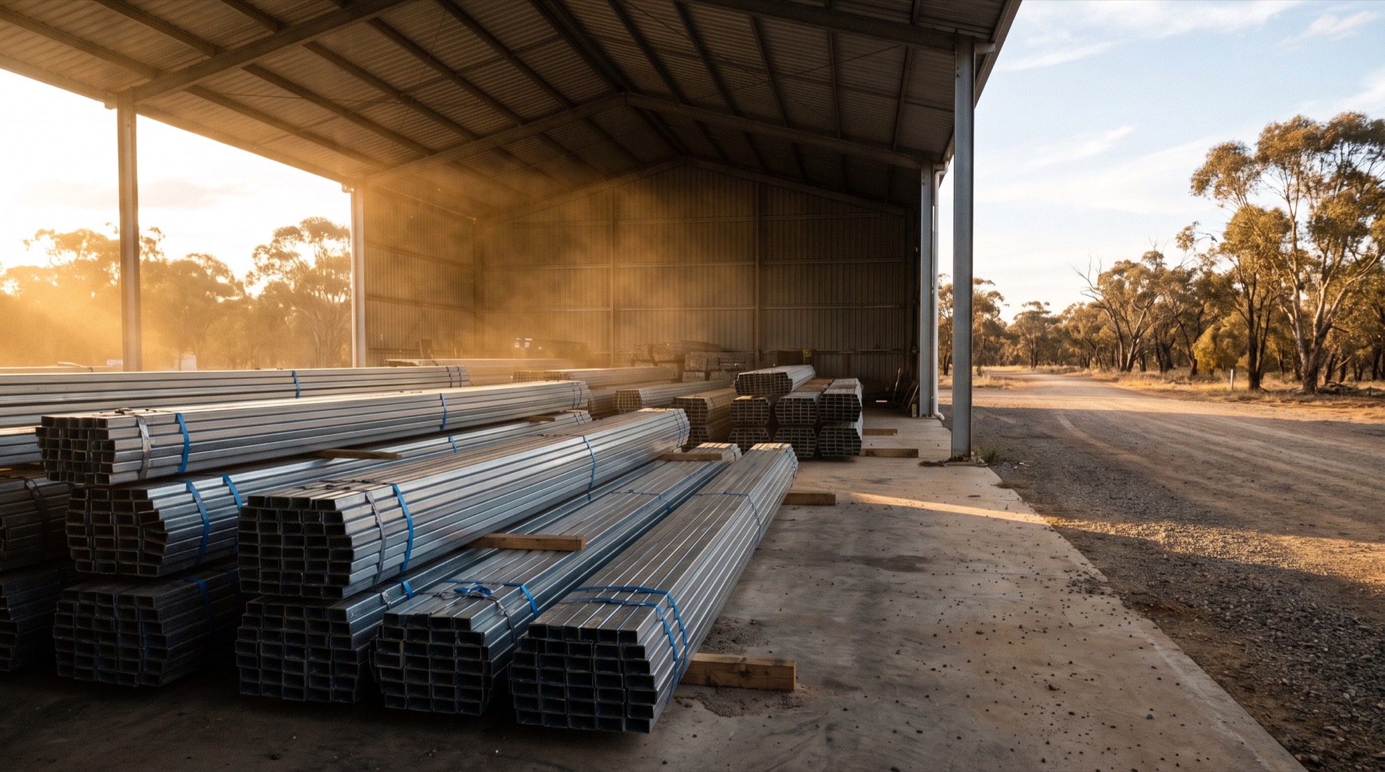 Bundles of galvanised steel banded and resting on timber gluts in a shed