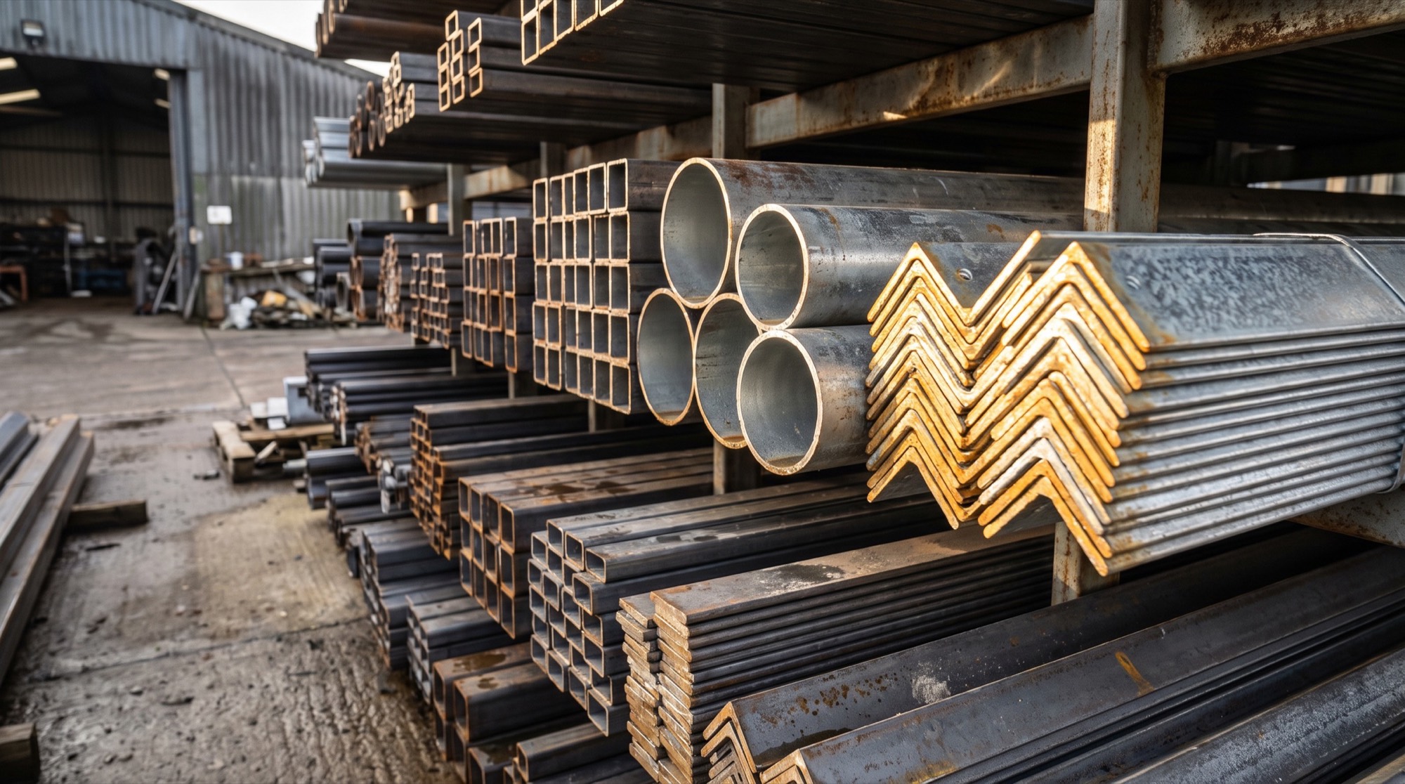 Square hollow section, pipe and angle stacked end-on in a steel rack