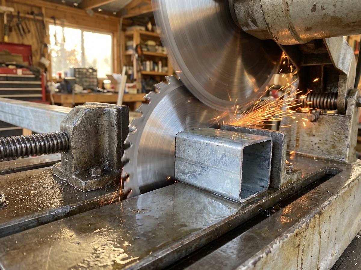 A cold saw blade cutting through a square steel tube