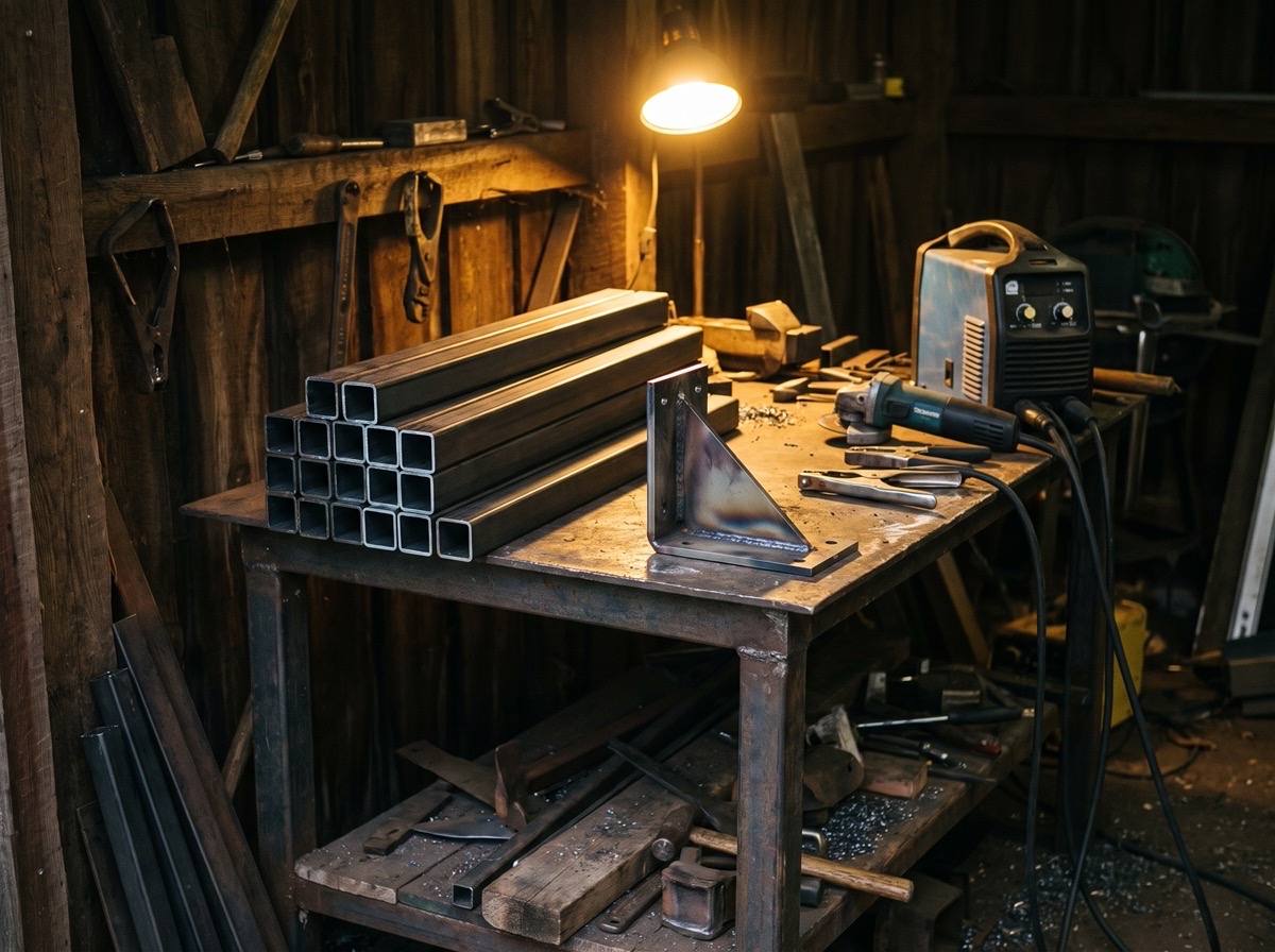 Freshly cut steel tube ends and a welded bracket on a workshop bench