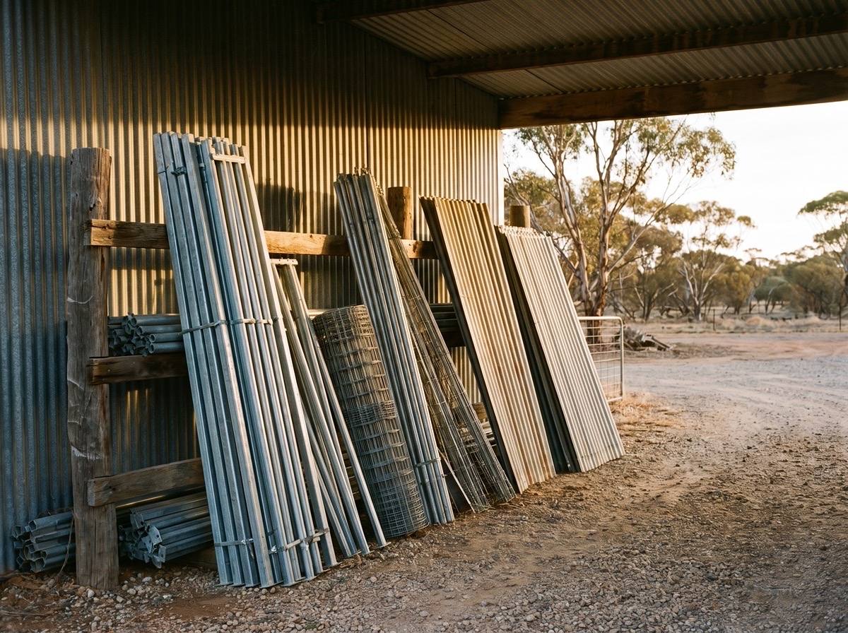 Bundles of galvanised fence posts, rails and rolled mesh under a shed