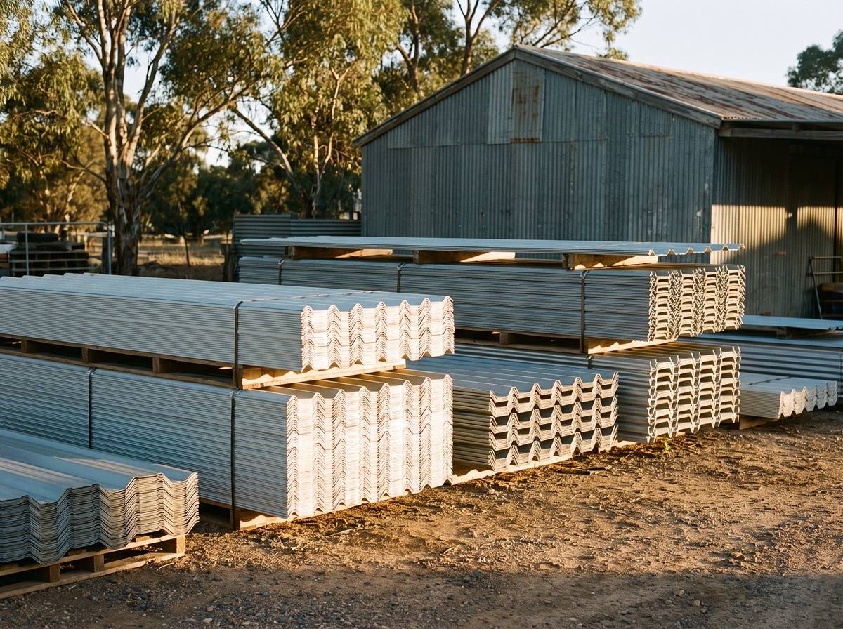 Corrugated and trapezoidal steel roofing sheets stacked in a supply yard