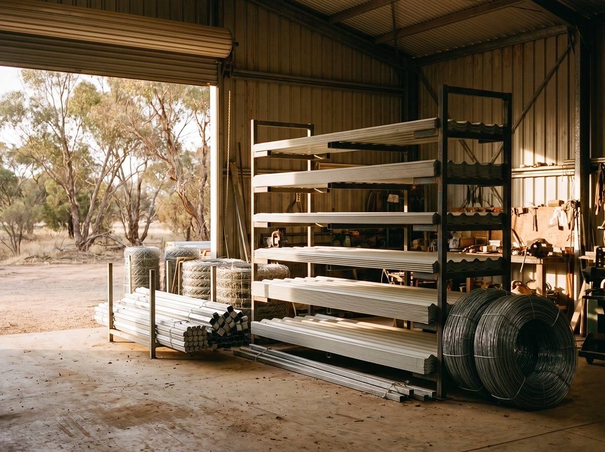 Corrugated roofing sheets stacked beside bundles of fencing posts in a supply shed